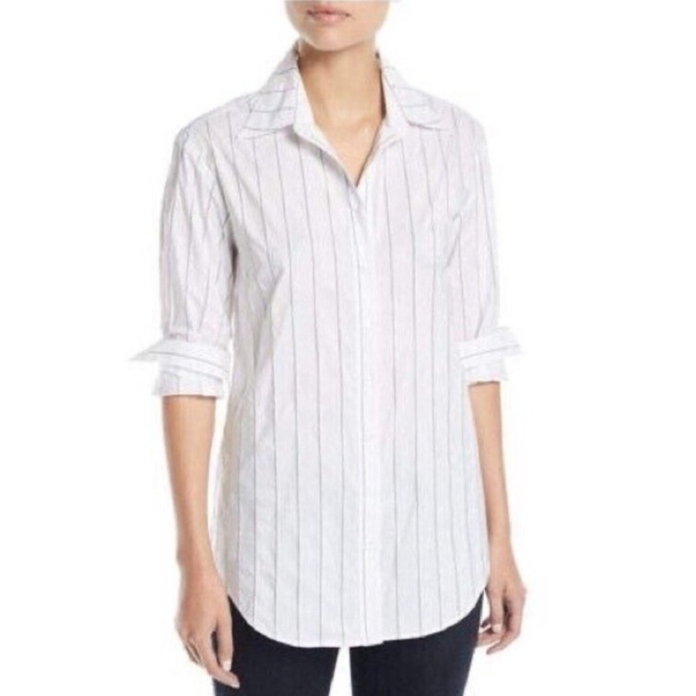Finley Crushed Pinstripe‎ Tunic Top Womens XS White Button Up Classic USA Career